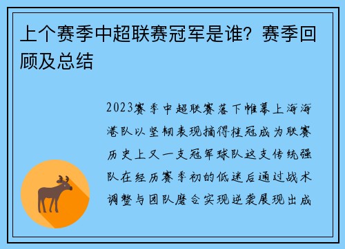 上个赛季中超联赛冠军是谁？赛季回顾及总结